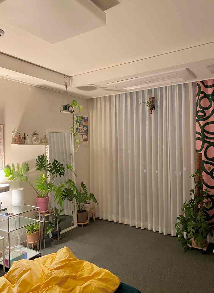 White-toned studio apartment featuring numerous plants, curtains, and stools creating a natural and cozy interior atmosphere