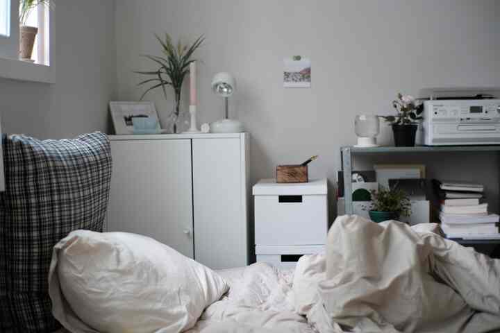 Beige and white toned bedroom featuring a bed with pillows, storage cabinet, and natural plants creating a clean and calm atmosphere