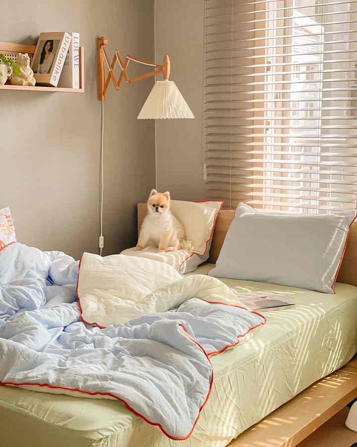 Ivory and wood tone bedroom featuring a small dog on the bed with natural light streaming through wooden blinds, creating a cozy atmosphere