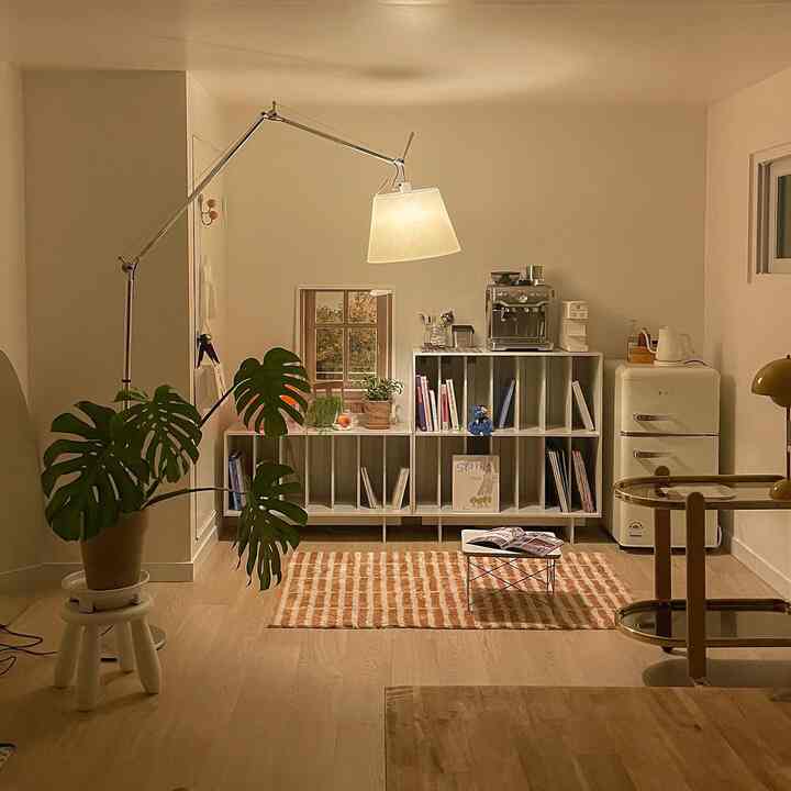 Brown wood tone flooring with white furniture, featuring a coffee machine and plants in a warm natural home cafe living room