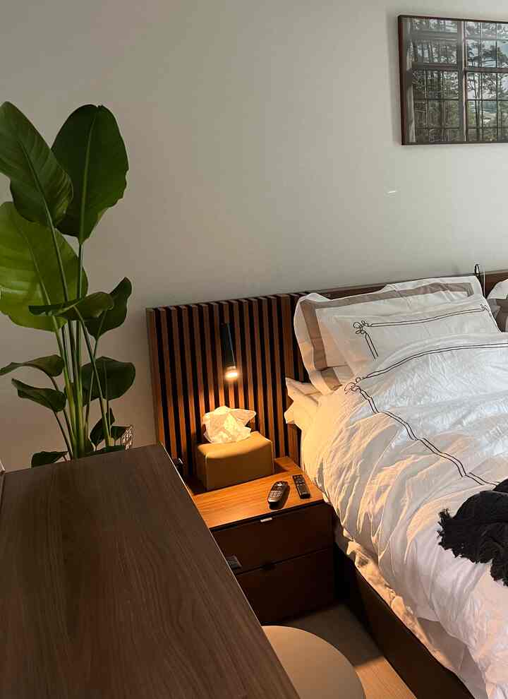 Natural bedroom featuring white bedding and brown wooden furniture with a large green plant for a cozy atmosphere