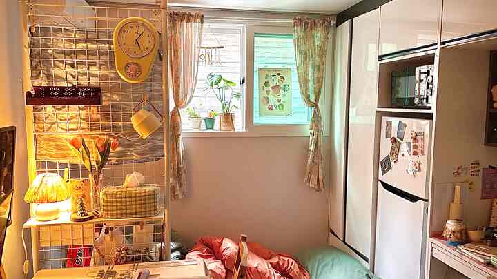 Warm natural-toned studio apartment featuring chiffon curtains, vintage decor, plants creating cozy atmosphere