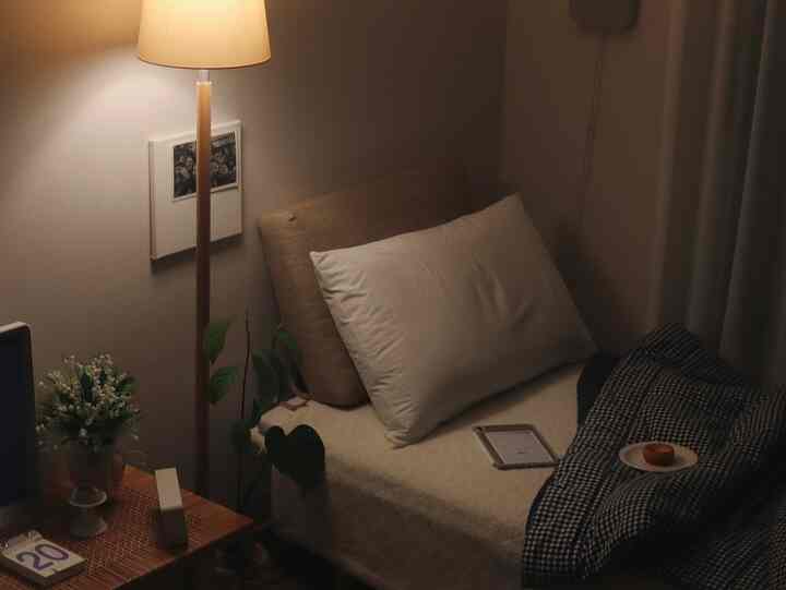 Cozy bedroom dominated by wood tones, featuring a bed, floor lamp, and plants arranged for a comfortable atmosphere