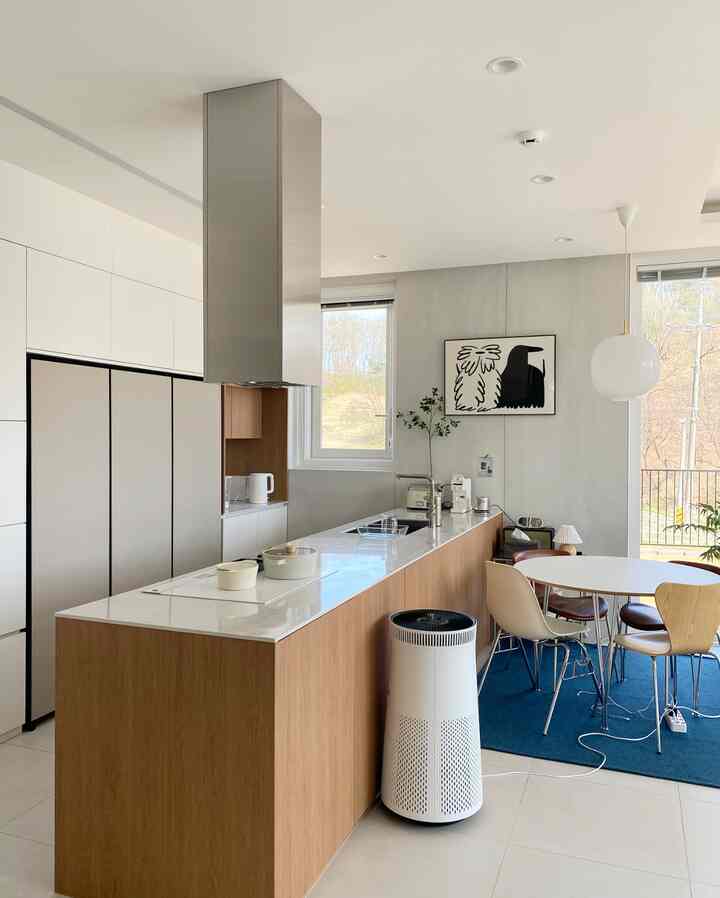 White and wood tone face-to-face kitchen and dining area with simple modern atmosphere