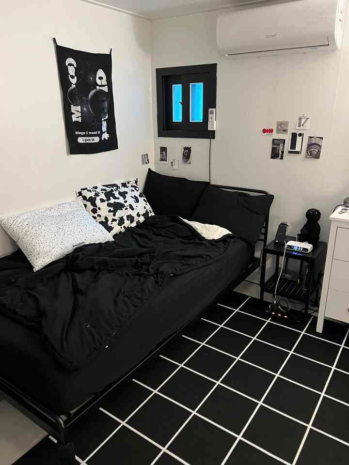 Modern small bedroom in black and white tones featuring a black bed and grid-patterned rug