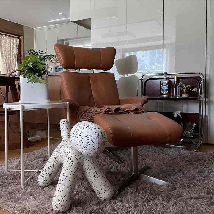 Natural-toned living room featuring brown leather recliner, vintage kitchen cart, dog-shaped stuffed figure, and soft rug creating a cozy and warm atmosphere