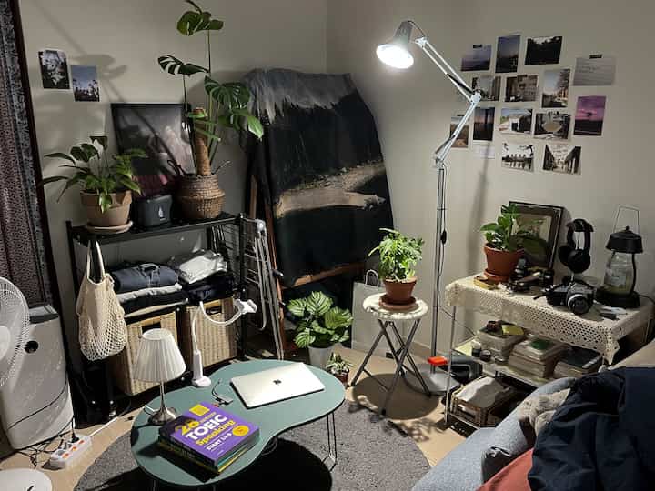 白と緑のトーンのワンルーム、複数の観葉植物やラタンバスケット、ファブリックポスターが配置された雰囲気のあるマキシマリストな小さな住空間