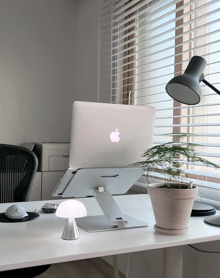 Monotone home office featuring a MacBook on a clean desk, potted plant, and LED mushroom lamp in a sleek study interior