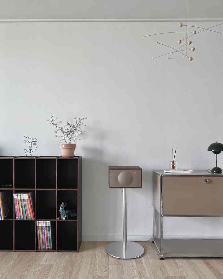 白い壁とナチュラルな木目の床があるモダンなリビング、黒い本棚、ベージュのUSMキャビネット、ジェネヴァスピーカー、オブジェと鉢植えが調和した雰囲気のあるインテリア