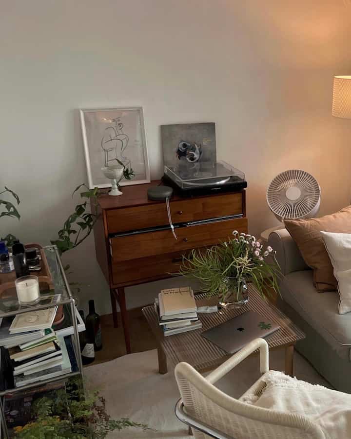 Natural tone living room with wooden furniture and plants, creating a cozy and comfortable atmosphere