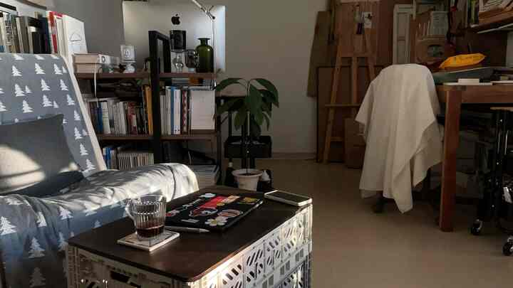 Natural wood tones with gray hues in a compact home office featuring bookshelves and a folding sofa creating a cozy workspace