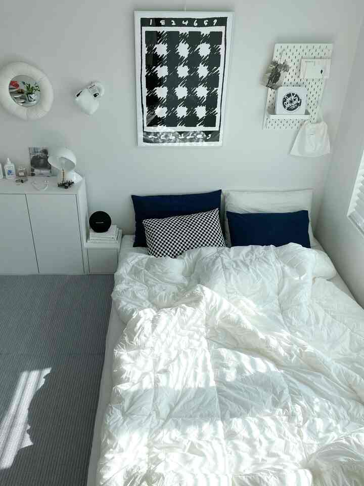 White-toned bedroom featuring navy cushions and gray rug in a modern, compact space