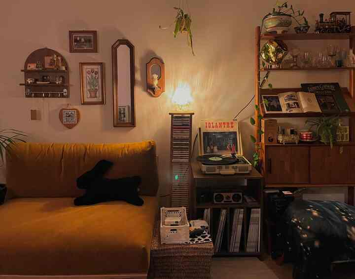 Warm wood tones and vintage sofa living room featuring wall lighting and vinyl storage in a cozy music listening area