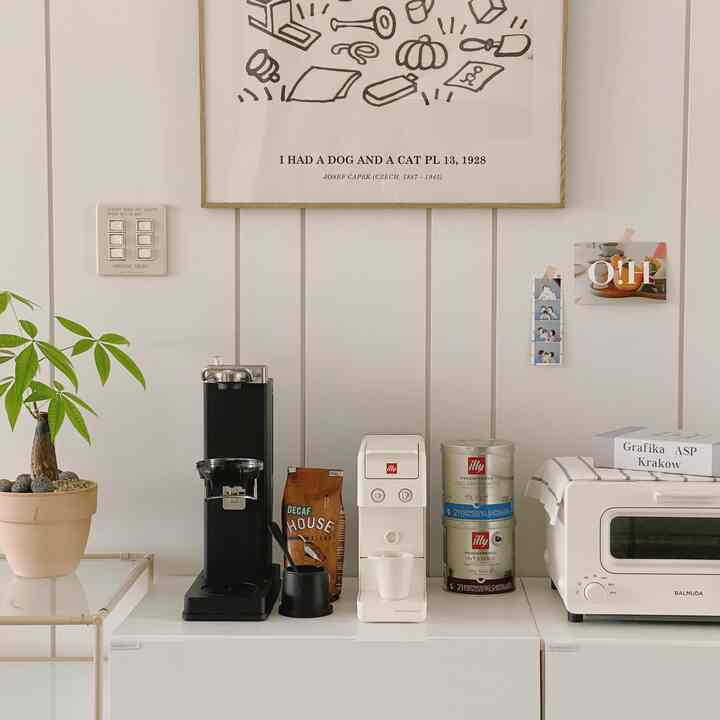 White-toned kitchen space featuring modern coffee machines and a potted plant in a neat home cafe setup