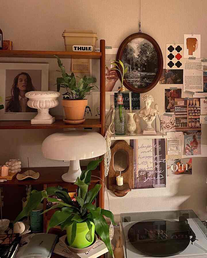 Cozy living room with natural wood tones and green plants featuring abundant wall decor and objets