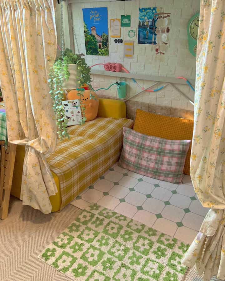 Cozy small living area with yellow check fabric sofa and green patterned rug, featuring natural tones