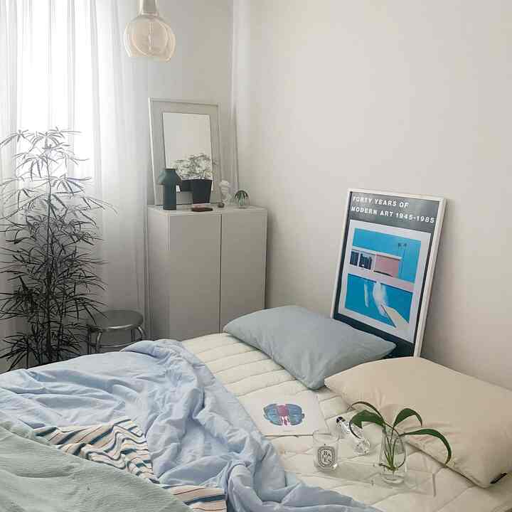 White and pastel toned bedroom featuring a plush bed and natural plant, offering a clean and cool atmosphere