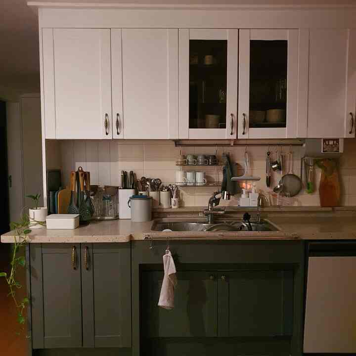 A white and dark green toned kitchen featuring cozy storage and kitchen utensils, creating a warm atmosphere