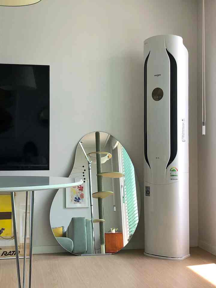 Natural interior living room with wood tone floor and white walls featuring a uniquely shaped large mirror and a cat tower