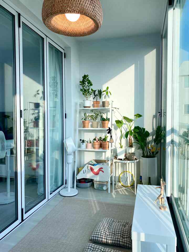 白とナチュラルカラーのベランダ、複数の植物が棚と床に配置された雰囲気のある小さな庭のインテリア