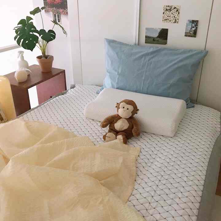 Natural color tone bedroom featuring a large bed with soft blue pillows, baby toy, and potted plant creating a cozy atmosphere