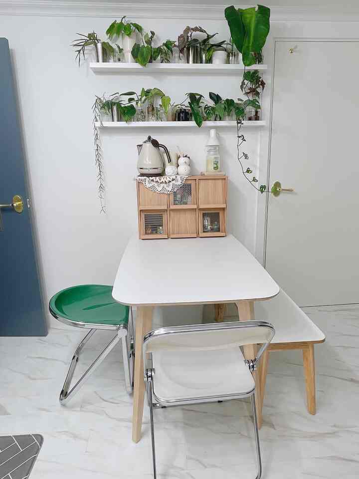 White and natural wood-toned two-person dining area featuring wall shelves with plants, presenting a clean and natural interior