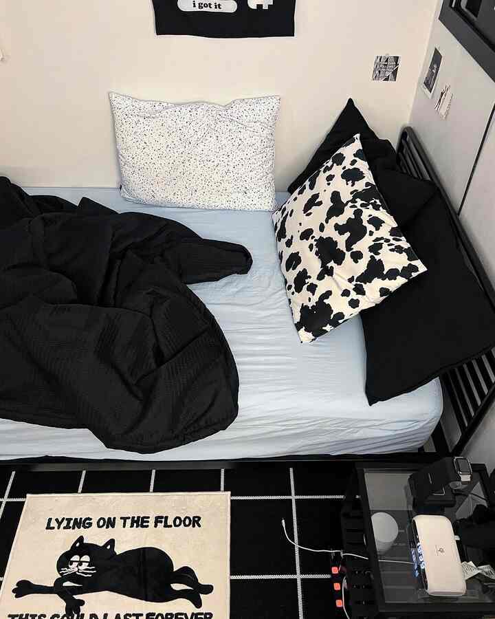 ブラックとホワイトの色調のワンルームの寝室、黒いベッドフレームと枕、ラグが配置されたモダンでコンパクトな空間