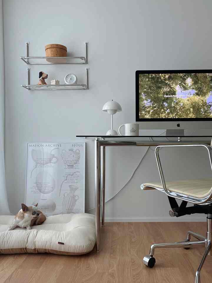 Ivory-toned study with wood flooring featuring iMac desk setup and a pet bed with dog, creating a clean workspace