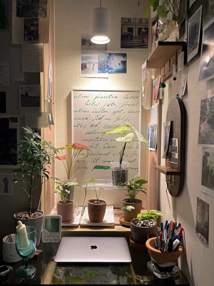 Cozy studio apartment desk space in warm brown and white tones featuring plants and laptop centrally arranged