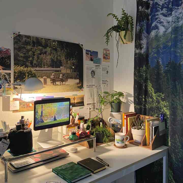 Home office space with white walls and blue nature-patterned curtain, desk featuring plants, computer, and organizers in cozy workspace