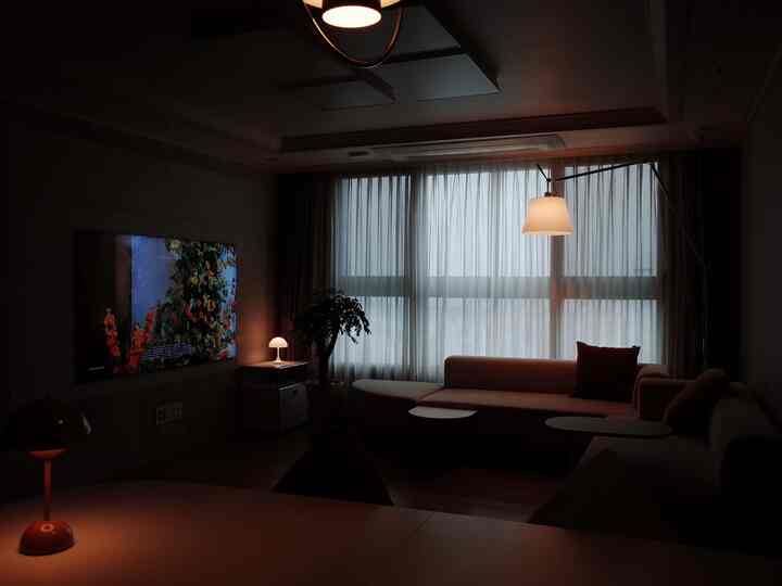 Living room in natural colors and wood tones featuring a corner sofa and multiple lighting fixtures creating a cozy atmosphere