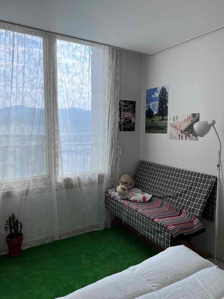 Cozy bedroom space with white walls, lace curtains, green carpet, and a vintage style bench arranged neatly