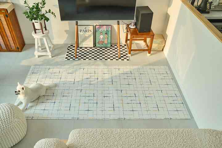 白色の壁と木目調家具が配置されたリビング、ラグの上で犬がくつろいでいる雰囲気のあるインテリア
