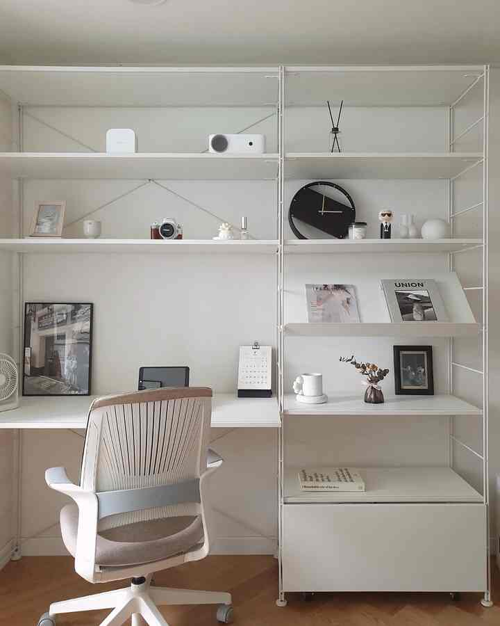 White-toned home office featuring a desk and office chair, showcasing a simple and modern interior