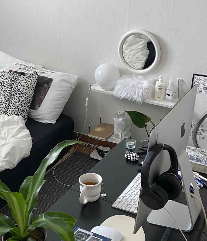 White and black toned living room and home office featuring sofa, desk, and plant in a clean modern interior