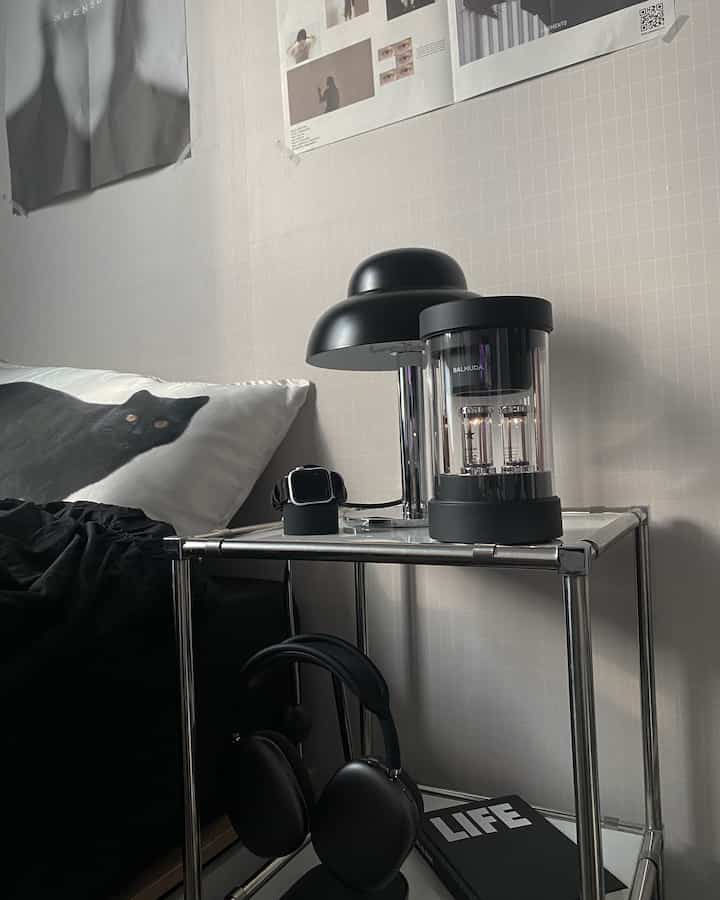 モノトーンと黒を基調とした寝室、メタリックのナイトテーブルと黒いスピーカー、猫の枕カバーが配置された清潔感あるインテリア