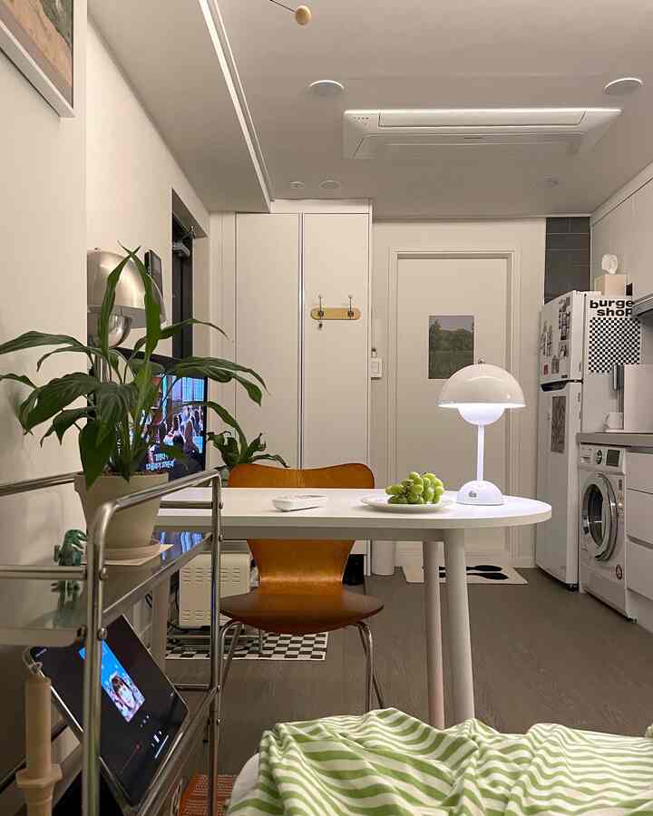 White-toned studio apartment kitchen and dining space featuring a white dining table, brown chair, table lamp, and green plant creating cozy ambiance