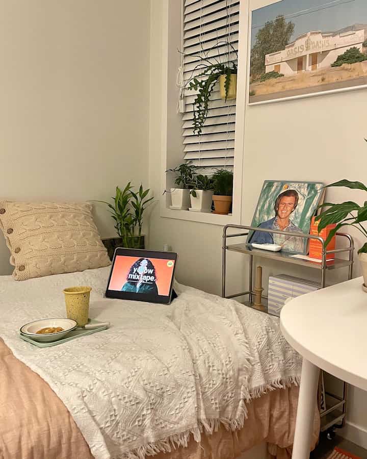 Natural-toned white studio bedroom featuring plants, round side table, cushions, and a throw blanket creating a cozy atmosphere