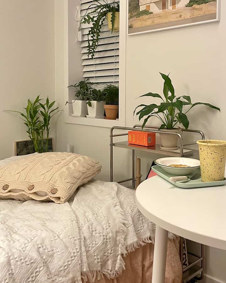 White and natural-color bedroom featuring a cozy duvet cover and cushions at center with plants and a table on the right, creating a warm atmosphere