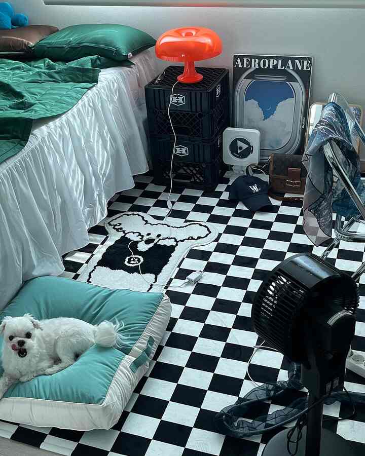 Bedroom with black & white checkerboard rug and green bedding, cozy atmosphere featuring a dog resting on a mint-colored pet bed