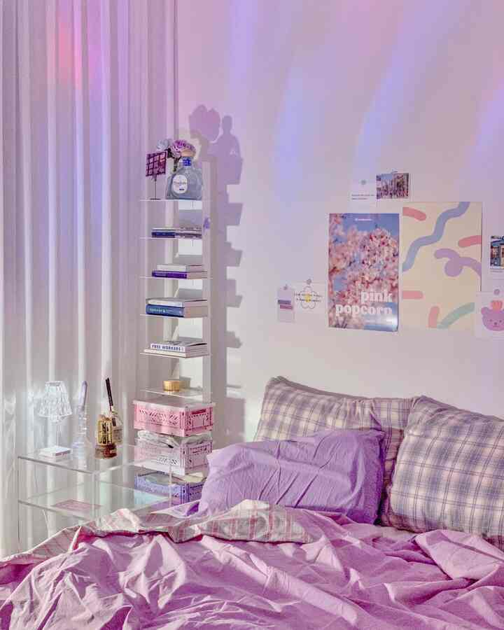 Purple and transparent material blend bedroom featuring a bed, nightstands, and soft aurora mood lighting creating a cozy atmosphere