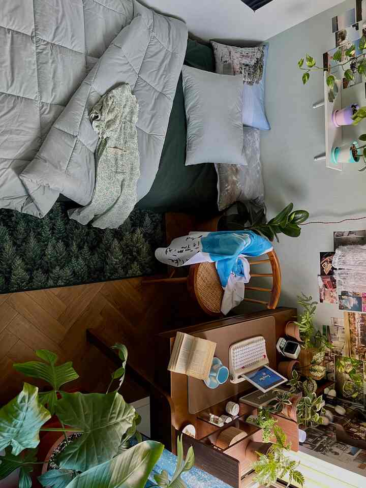 Natural wood tones and greenery in a single-occupant studio apartment featuring bed, desk, and nightstand in a cozy layout