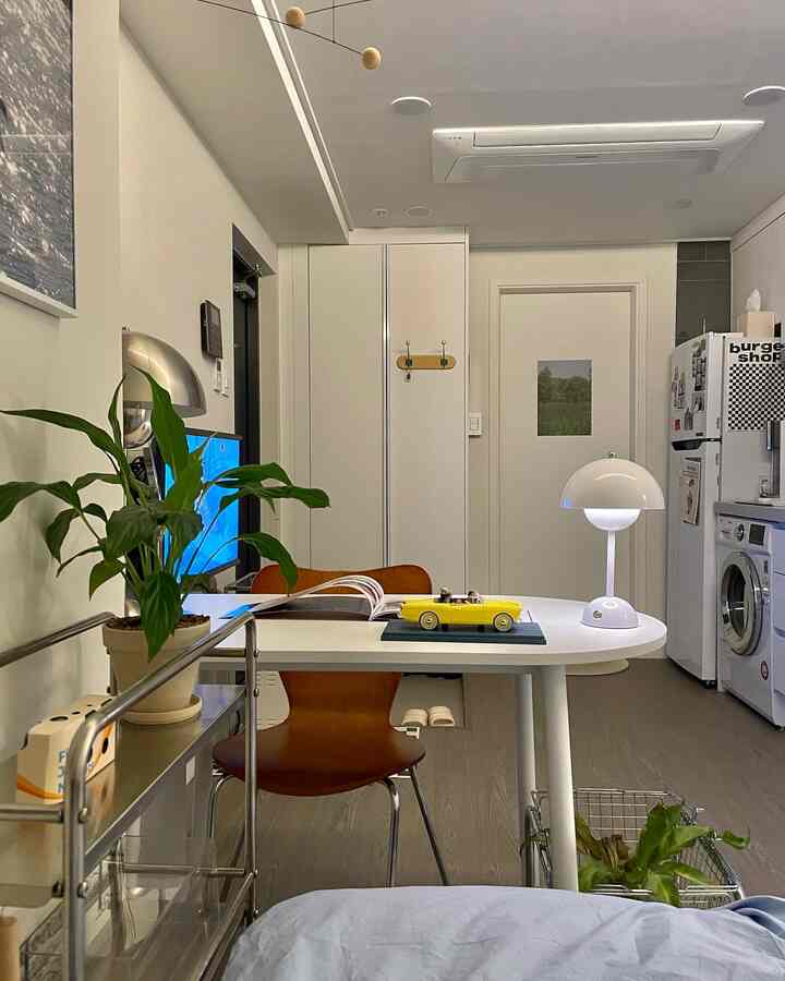 Bright studio apartment with white and natural tones, featuring dining table and plants creating a cozy atmosphere