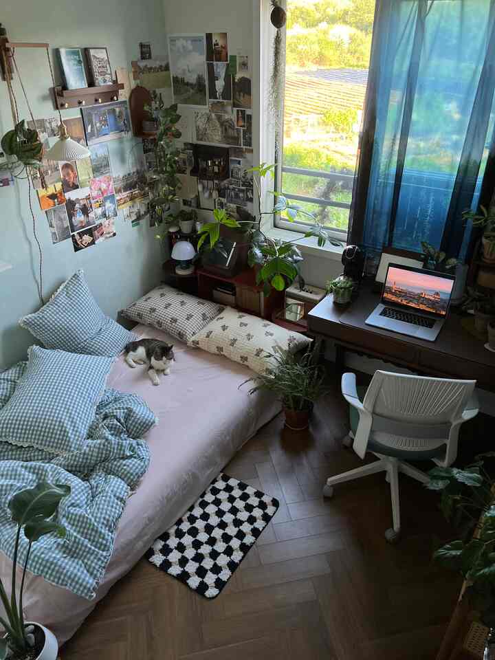 ナチュラルな木目調の床と青いカーテンがある寝室、ノートパソコンのあるデスクとくつろぐ猫が印象的な雰囲気のあるインテリア