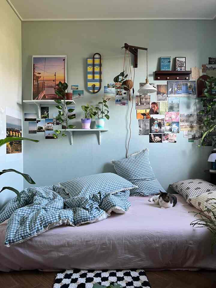 パステルブルーとベージュのトーンでまとめられた寝室、壁に棚と多くの写真が飾られた印象的な空間で、ベッドに猫が休んでいる