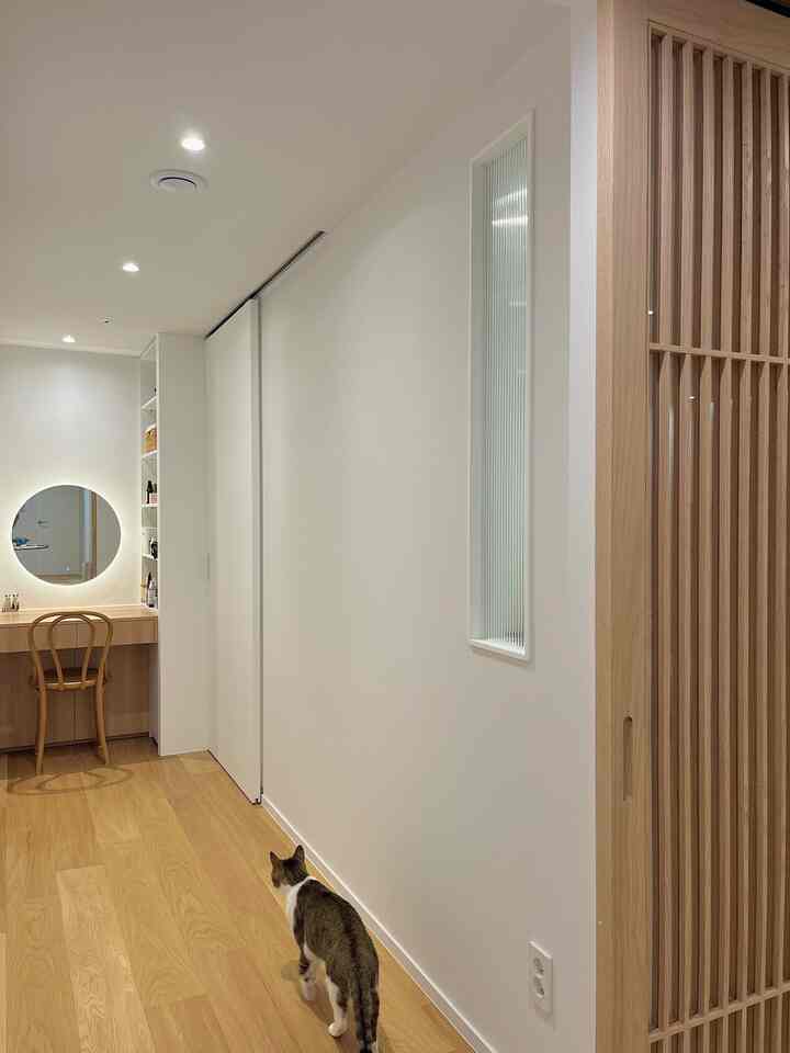 White and natural tone hallway space featuring a sliding door, vanity with chair, and a cat in a clean, open bedroom entrance