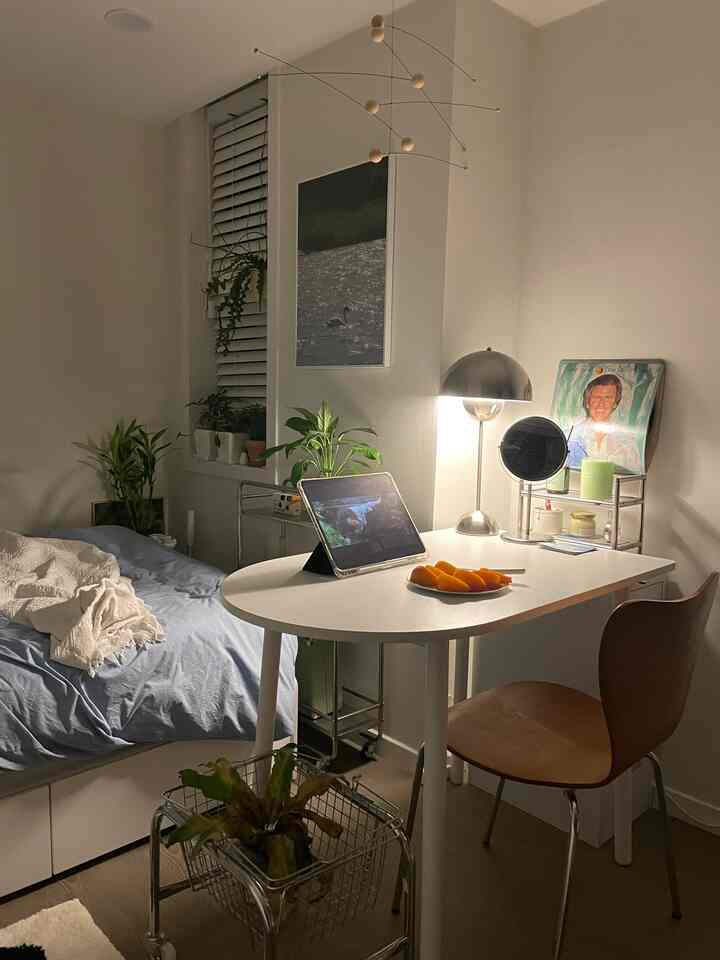 Cozy single household bedroom with warm lighting and natural plants, featuring a desk and bed arranged for comfort