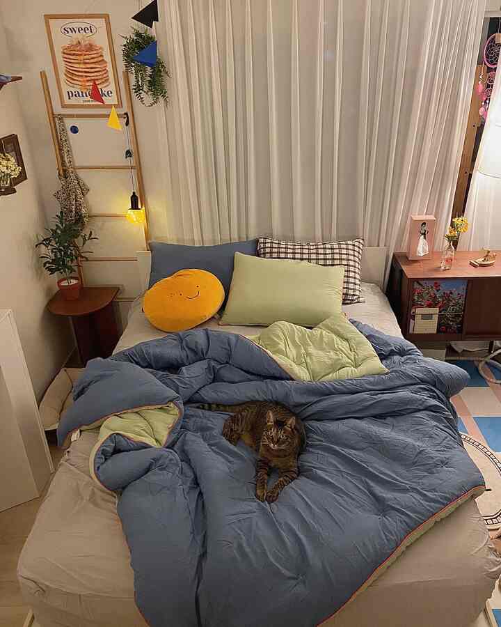 白いカーテンとナチュラルな家具が配置された寝室、青い掛け布団の上でくつろぐ猫がいる雰囲気のある空間