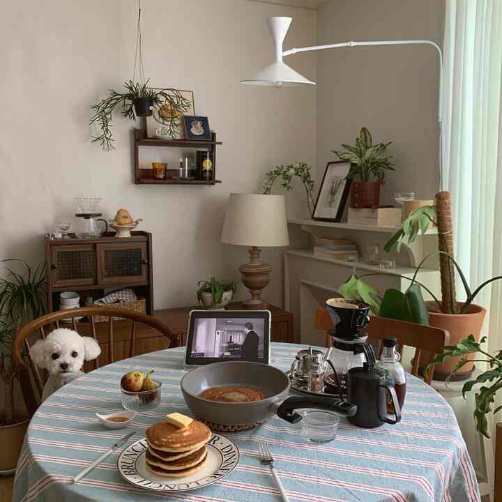 Natural wood tones and white lighting in a living room with a round table set for a home cafe and a small dog present, creating a cozy atmosphere