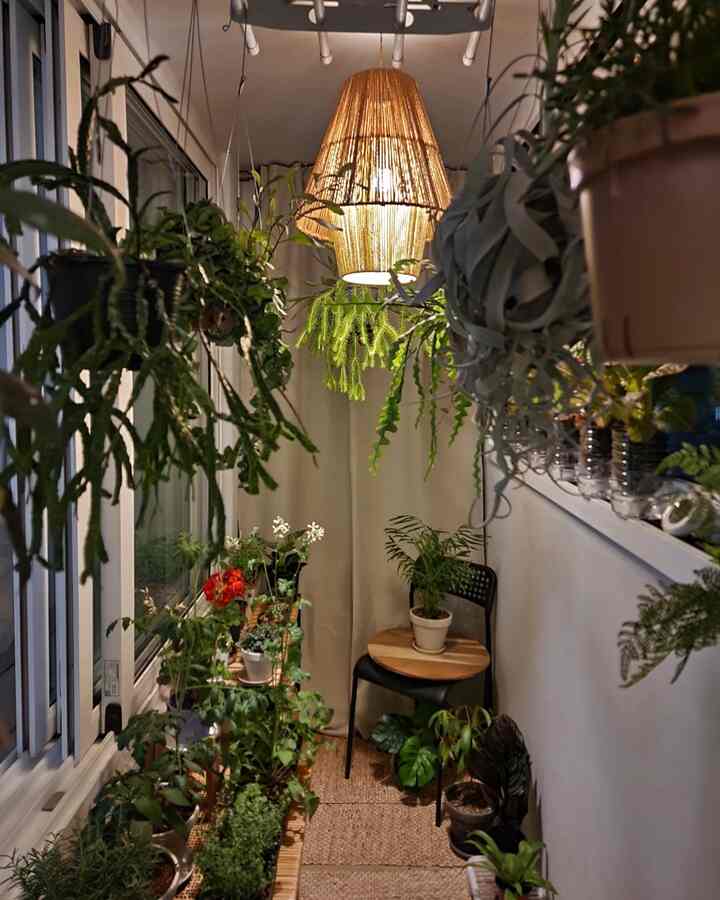 Natural-tone veranda filled with abundant plants, featuring a rattan lamp creating a cozy and greenery-rich garden interior
